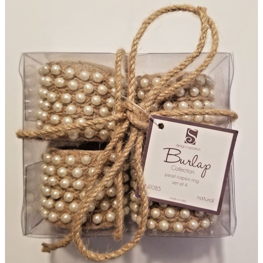 Design Inspirations Burlap & Faux Pearl Napkin Rings Set of 4 French Country New